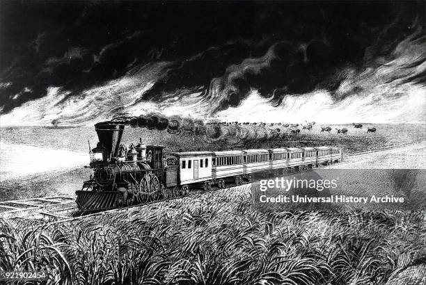 Lithograph depicting the prairie fires of the Great West. Pictured is a train with a cowcatcher and headlamp crossing a prairie while buffalo...