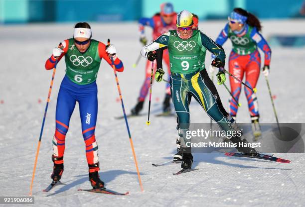 Barbara Jezersek of Australia and Petra Novakova of Czech Republic compte during the Cross Country Ladies' Team Sprint Free semi final on day 12 of...