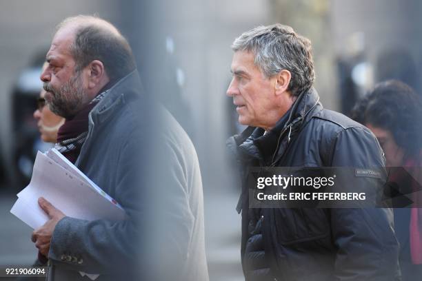French former budget minister Jerome Cahuzac and his lawyer Eric Dupond-Moretti arrive at Paris' courthouse on February 21, 2018 for the last day of...