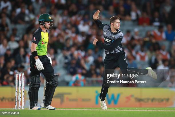 Mitchell Santner of the Black Caps bowls during the International Twenty20 Tri Series Final match between New Zealand and Australia at Eden Park on...