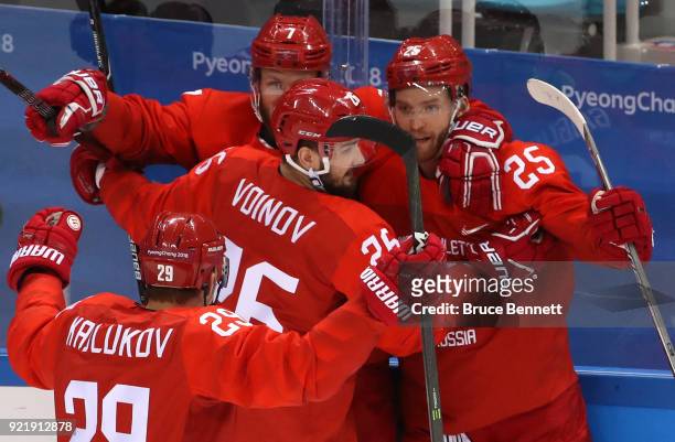 Mikhail Grigorenko of Olympic Athlete from Russia celebrates after scoring a goal on Lars Haugen of Norway in the first period during the Men's...
