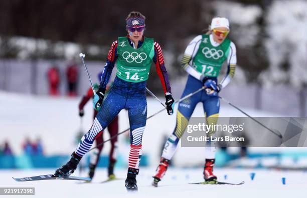 Jessica Diggins of the United States crosses the line during the Cross Country Ladies' Team Sprint Free semi final on day 12 of the PyeongChang 2018...