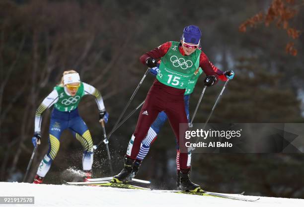 Yulia Belorukova of Olympic Athlete from Russia competes during the Cross Country Ladies' Team Sprint Free semi final on day 12 of the PyeongChang...