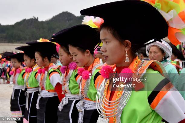 Miao people dance to the rhythm of music to worship ancestors and pray for good weather on the fifth day of the Lunar New Year on February 20, 2018...