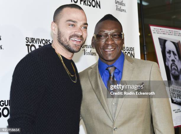 Jesse Williams and Reggie Cole attend the premiere of Gravitas Pictures' "Survivors Guide To Prison" at The Landmark on February 20, 2018 in Los...