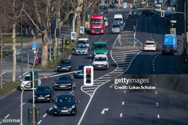 Cars drive in the city center on February 20, 2018 in Dusseldorf, Germany. The German Federal Court of Justice in Leipzig is due to rule on February...