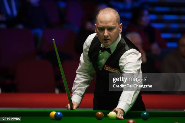 Graeme Dott of Scotland reacts during his first round match against Joe Perry of England on day two of 2018 Ladbrokes World Grand Prix at Guild Hall...