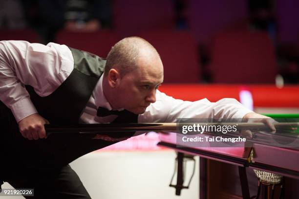 Graeme Dott of Scotland plays a shot during his first round match against Joe Perry of England on day two of 2018 Ladbrokes World Grand Prix at Guild...