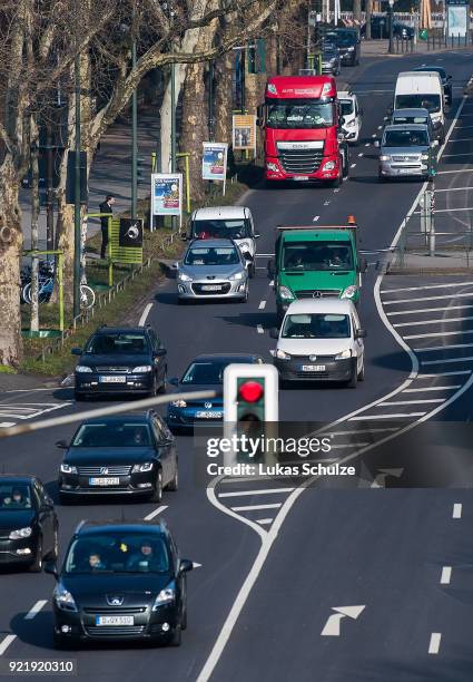 Cars drive in the city center on February 20, 2018 in Dusseldorf, Germany. The German Federal Court of Justice in Leipzig is due to rule on February...