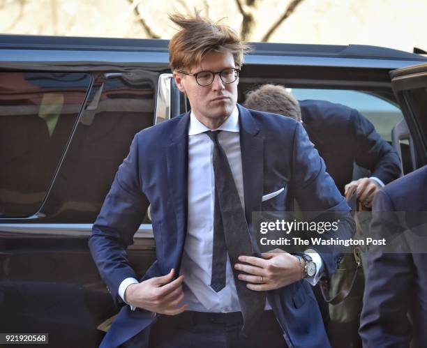 Attorney Alex Van der Zwaan, center, arrives at US District courthouse in Washington, DC February 20 facing an indictment from Robert Muellers'...