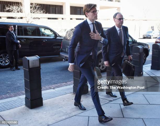 Attorney Alex Van der Zwaan, center, arrives at US District courthouse in Washington, DC February 20 facing an indictment from Robert Muellers'...
