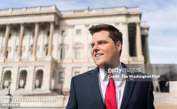 Freshman Congressman Matthew Gaetz of Florida's 1st Congressional district walks back to his office on Capitol Hill after House votes in Washington,...