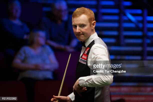 Anthony McGill of Scotland reacts during his first round match against Cao Yupeng of China on day two of 2018 Ladbrokes World Grand Prix at Guild...
