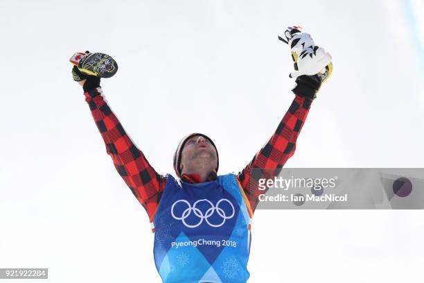 Brady Leman of Canada celebrates after winning the Men's Ski Cross Final at Phoenix Snow Park on February 21, 2018 in Pyeongchang-gun, South Korea.