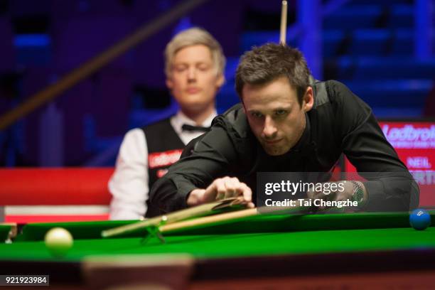 David Gilbert of England plays a shot during his first round match against Neil Robertson of Australia on day two of 2018 Ladbrokes World Grand Prix...