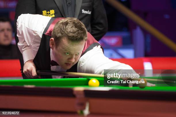 Shaun Murphy of England plays a shot during his first round match against Ricky Walden of England on day two of 2018 Ladbrokes World Grand Prix at...