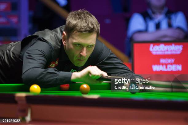 Ricky Walden of England plays a shot during his first round match against Shaun Murphy of England on day two of 2018 Ladbrokes World Grand Prix at...