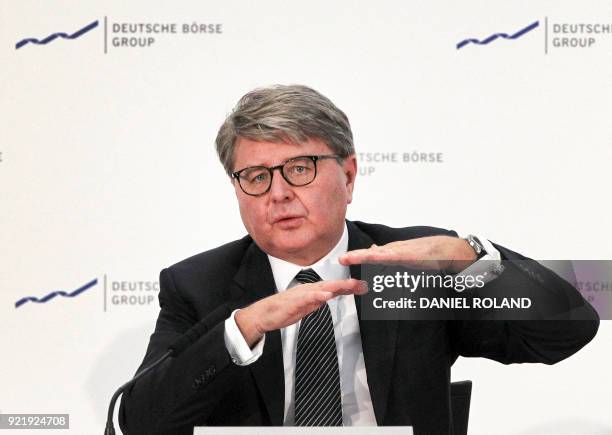 Theodor Weimer, CEO of German stocks operator Deutsche Boerse, addresses the media during the company's annual financial statement at the stock...