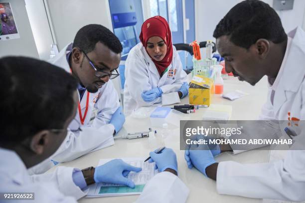 Photo taken on January 24 shows the laboratory technicians discussing on DNA testing at the Puntland Forensic Center in Garowe, Puntland State,...