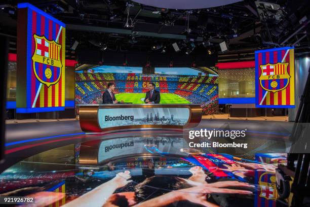 Josep Maria Bartomeu, president of FC Barcelona, gestures while speaking in an interview with Bloomberg Television's Ed Ludlow in London, U.K., on...