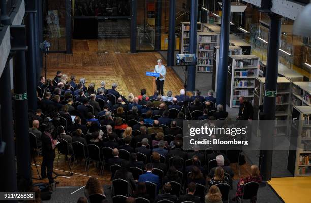 Theresa May, U.K. Prime minister, delivers a speech on education at Derby College in Derby, U.K., on Monday, Feb. 19, 2018. May set out to repair her...