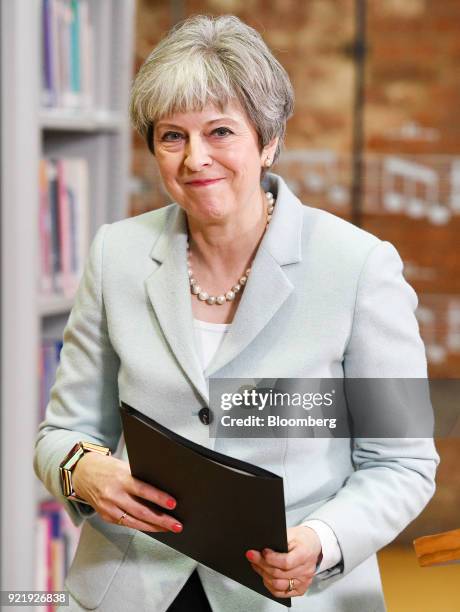 Theresa May, U.K. Prime minister, departs after delivering a speech on education at Derby College in Derby, U.K., on Monday, Feb. 19, 2018. May set...