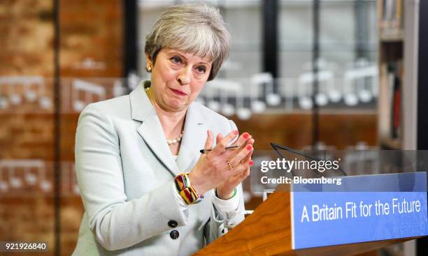 Theresa May, U.K. Prime minister, delivers a speech on education at Derby College in Derby, U.K., on Monday, Feb. 19, 2018. May set out to repair her...