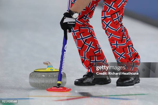 Detailed view of the Norway athletes trousers during the Sweden v Norway Men's Curling round robin matches on day 12 of the Pyeongchang 2018 Winter...