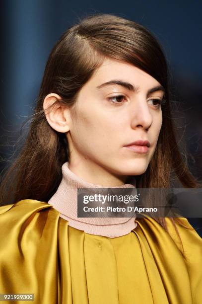 Model walks the runway at the Albino Teodoro show during Milan Fashion Week Fall/Winter 2018/19 on February 21, 2018 in Milan, Italy.