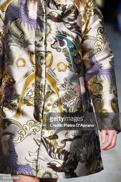 Model, detail, walks the runway at the Albino Teodoro show during Milan Fashion Week Fall/Winter 2018/19 on February 21, 2018 in Milan, Italy.