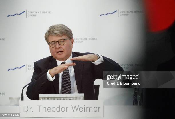 Theodor Weimer, chief executive officer of Deutsche Boerse AG, gestures while speaking during a news conference to announce the company's earnings at...