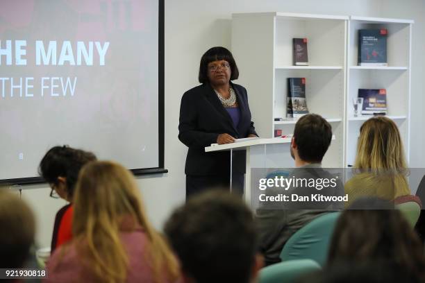 Britain's Shadow Home Secretary Diane Abbott gives a speech on immigration at the Policy Institute on February 21, 2018 in London, England. Ms Abbot...