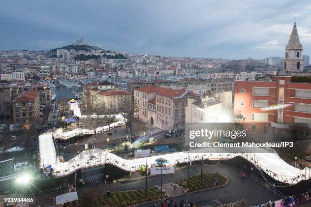 General view of the iced track settled close to Marseille Town hall, where ice skaters competes in the final of the Redbull Crashed Ice, the Ice...