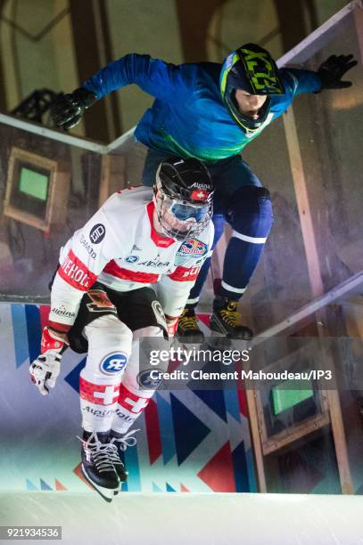 Ice skaters competes in the final of the Redbull Crashed Ice, the Ice Cross Downhill World Championship, on February 17, 2018 in Marseille, France....