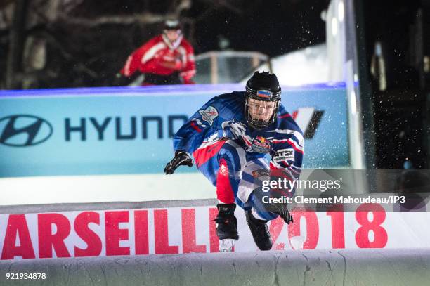 Ice skaters competes in the final of the Redbull Crashed Ice, the Ice Cross Downhill World Championship, on February 17, 2018 in Marseille, France....