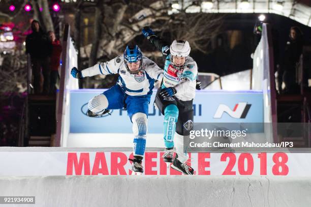 Ice skaters competes in the final of the Redbull Crashed Ice, the Ice Cross Downhill World Championship, on February 17, 2018 in Marseille, France....