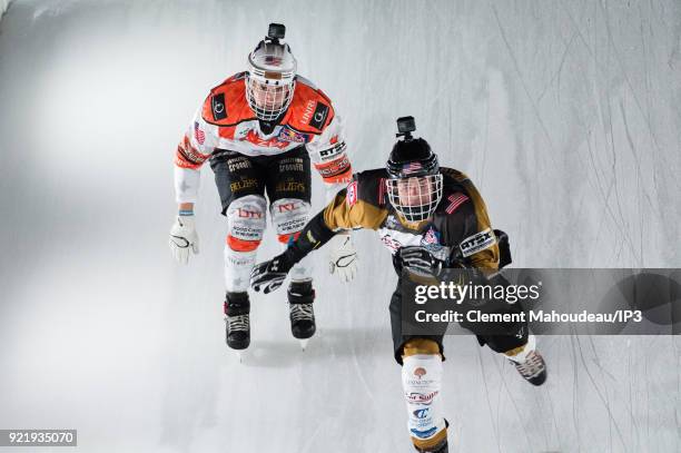 Ice skaters competes in the final of the Redbull Crashed Ice, the Ice Cross Downhill World Championship, on February 17, 2018 in Marseille, France....