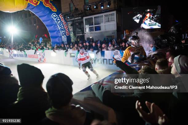 Ice skaters competes in the final of the Redbull Crashed Ice, the Ice Cross Downhill World Championship, on February 17, 2018 in Marseille, France....