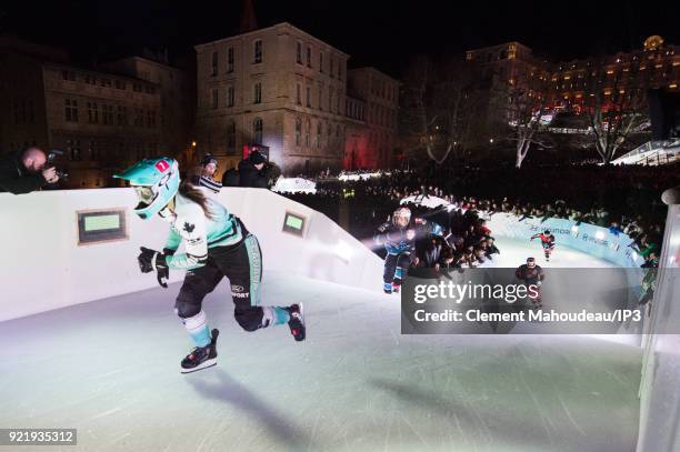 Ice skaters competes in the final of the Redbull Crashed Ice, the Ice Cross Downhill World Championship, on February 17, 2018 in Marseille, France....