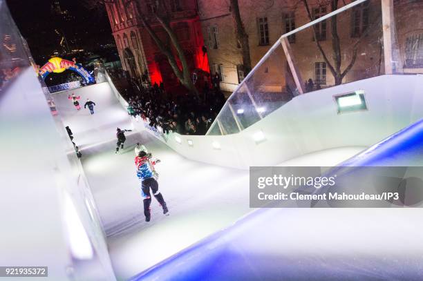 Ice skaters competes in the final of the Redbull Crashed Ice, the Ice Cross Downhill World Championship, on February 17, 2018 in Marseille, France....