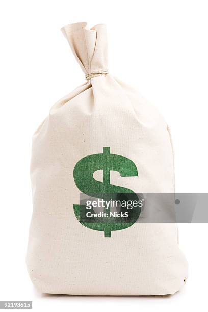 beige money bag with green dollar sign against white - money bag stock pictures, royalty-free photos & images