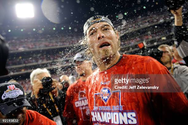 Jayson Werth of the Philadelphia Phillies celebrates with champagne defeating the Los Angeles Dodgers 10-4 to advance to the World Series in Game...