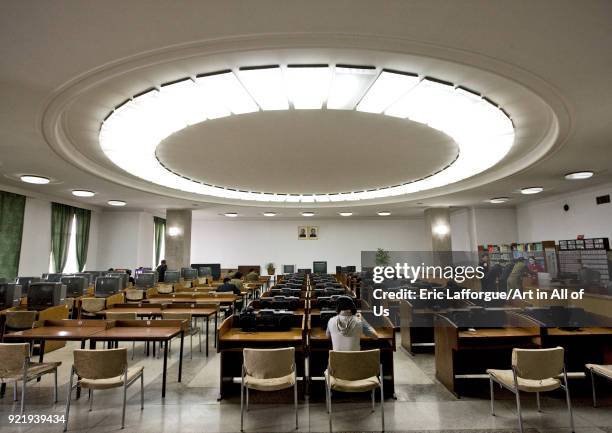 Multimedia room of the Grand people's study house with the offcial portraits of the Dear Leaders, Pyongan Province, Pyongyang, North Korea on April...