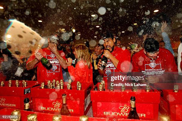 Chan Ho Park of the Philadelphia Phillies celebrates with champagne defeating the Los Angeles Dodgers 10-4 to advance to the World Series in Game...