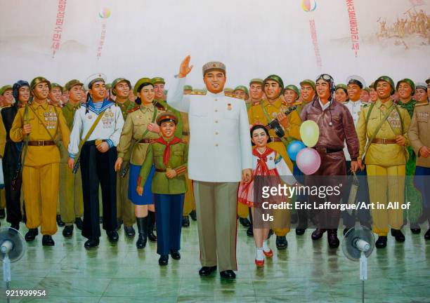 Giant fresco of Kim il Sung in the victorious fatherland liberation war museum, Pyongan Province, Pyongyang, North Korea on September 7, 2008 in...