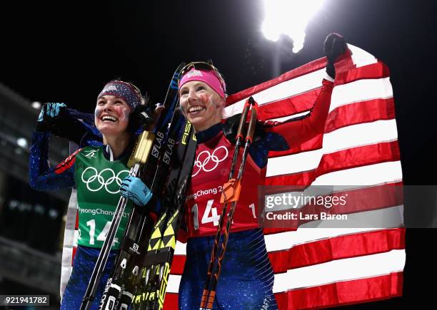 Jessica Diggins of the United States and Kikkan Randall of the United States celebrate as they win gold during the Cross Country Ladies' Team Sprint...