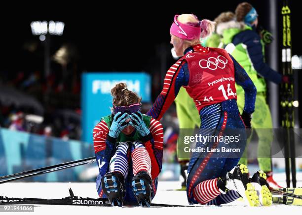 Jessica Diggins of the United States and Kikkan Randall of the United States celebrate as they win gold during the Cross Country Ladies' Team Sprint...