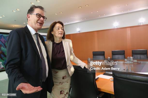 Family Minister Katarina Barley and Development Minister Gerd Mueller arrive for the weekly German federal Cabinet meeting on February 21, 2018 in...