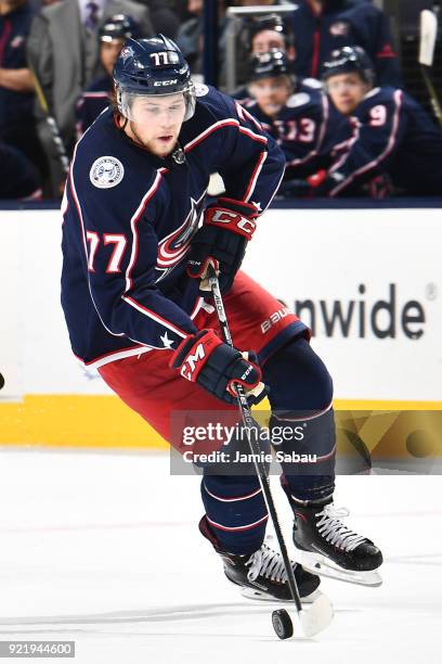 Josh Anderson of the Columbus Blue Jackets skates against the Pittsburgh Penguins on February 18, 2018 at Nationwide Arena in Columbus, Ohio.