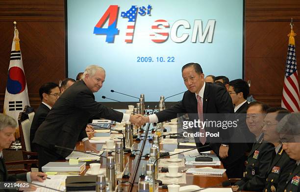 Defense Secretary Robert Gates shakes hands with the South Korean defense minister Kim Tae-Young during Security Consultative Meeting at the defense...